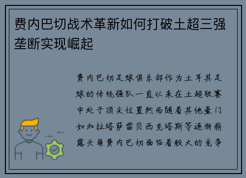 费内巴切战术革新如何打破土超三强垄断实现崛起 费内巴切战术革新如何打破土超三强垄断实现崛起