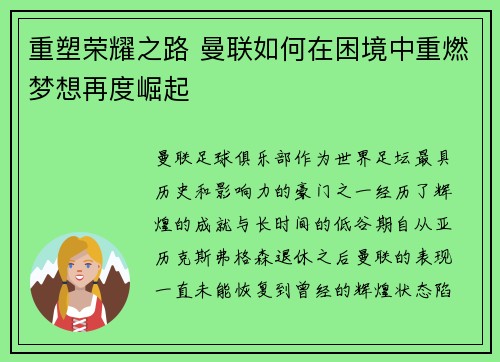 重塑荣耀之路 曼联如何在困境中重燃梦想再度崛起 重塑荣耀之路 曼联如何在困境中重燃梦想再度崛起